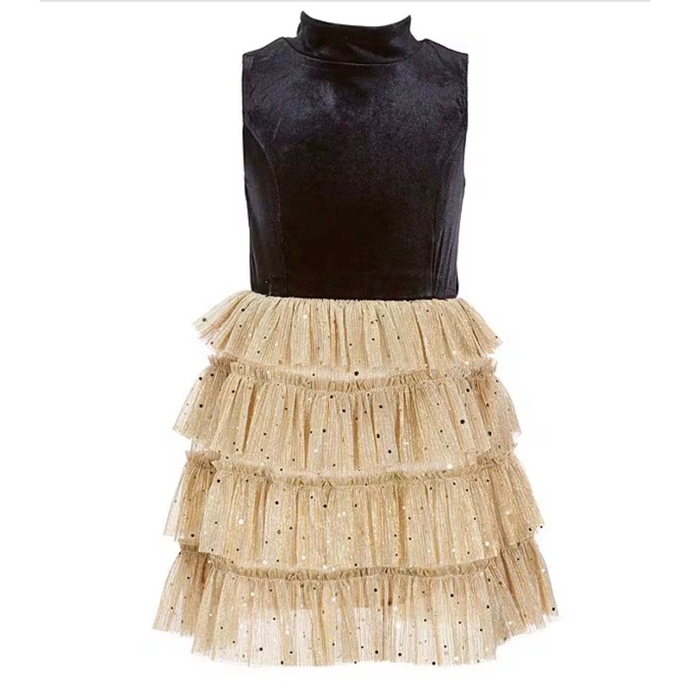 Zunie Girls Black Velvet Gold Tiered Tulle Sparkle Party Dress Size 14